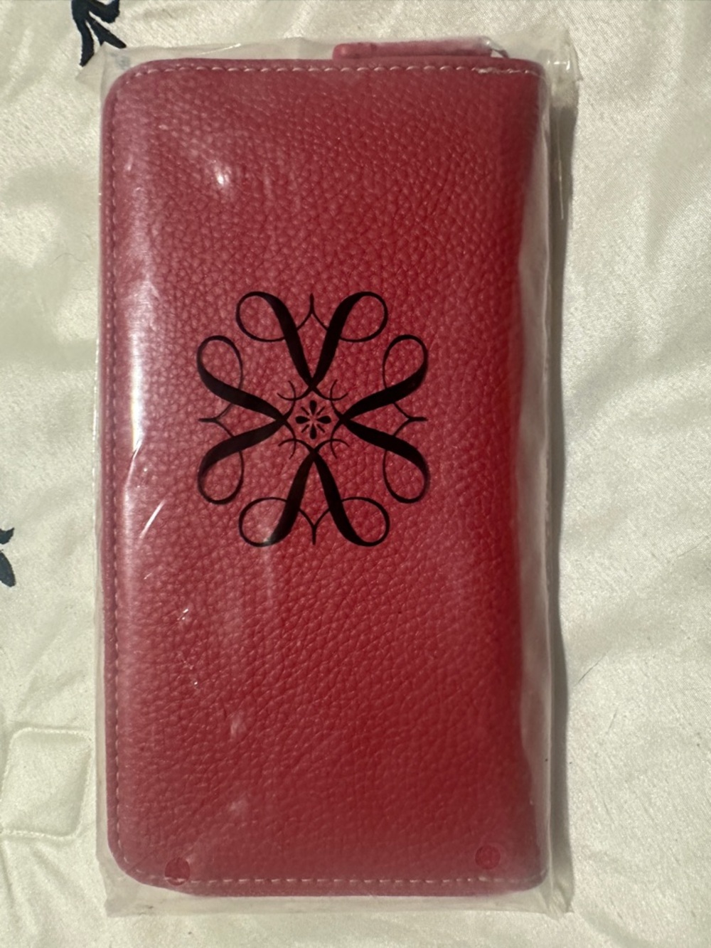 Red Pebbled Leather Phone Wallet Case with Decorative Logo